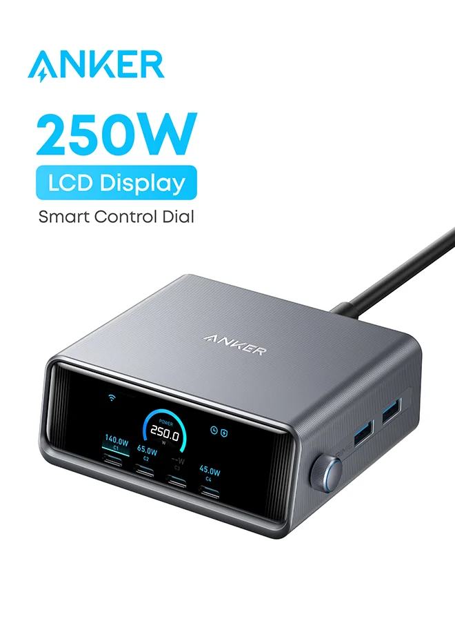 Premium 250W GaN Charging Station 6-Port USB C Desktop Charger with LCD Display and Smart Control Dial (Silver) zaqwu