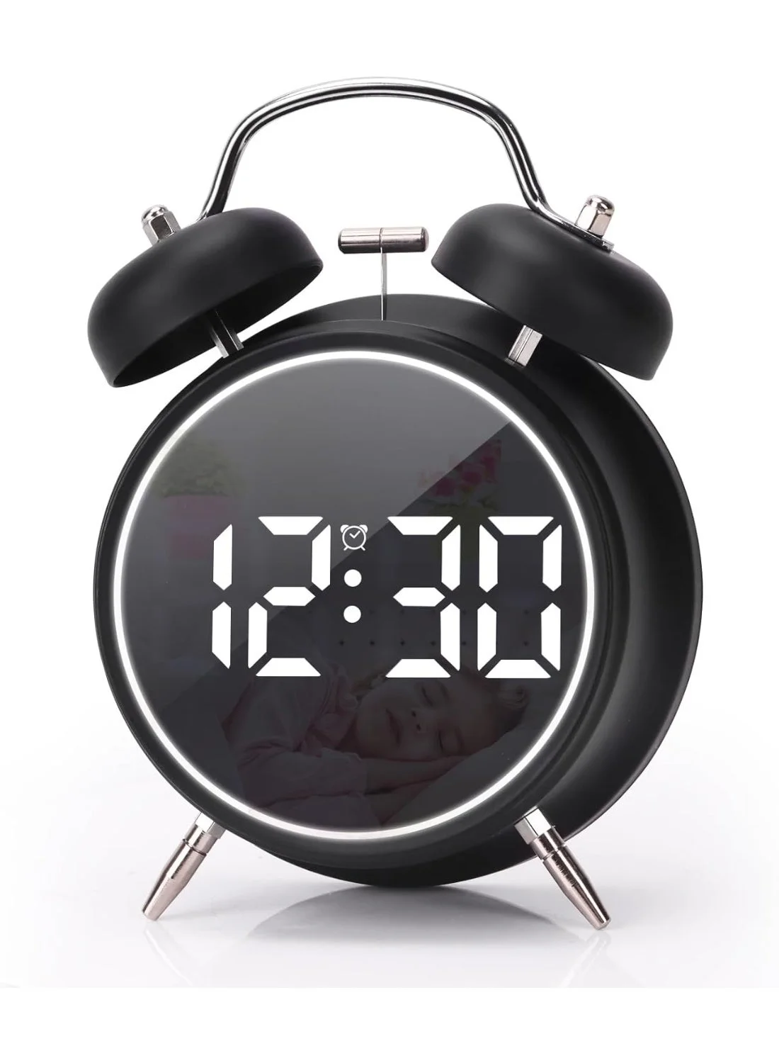 HoneyTime Digital Small Alarm Clock, 3 Inch Double Bell LED Table Clock, Silent Metal Bedside Clock for Heavy Sleepers (Vantablack, 7.6 cm) 4qnx3