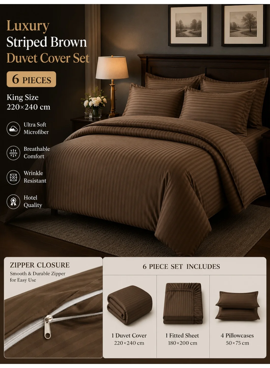 My Cotton Luxury Striped Duvet Cover Set (Brown, King Size 220x240 cm) - 6-Piece Premium Microfiber Bedding Set for Master Bedroom ak2hs