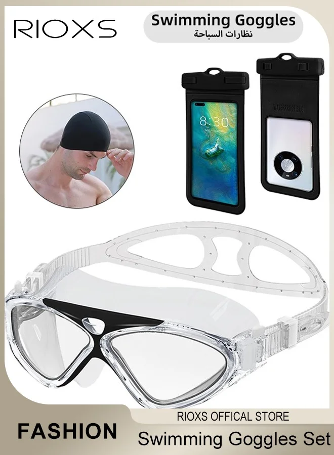 RIOXS Professional Swimming Goggles Set with Ear Plugs Swim Cap and Nose Clip (Clear, Unisex Adult) 0fsa0