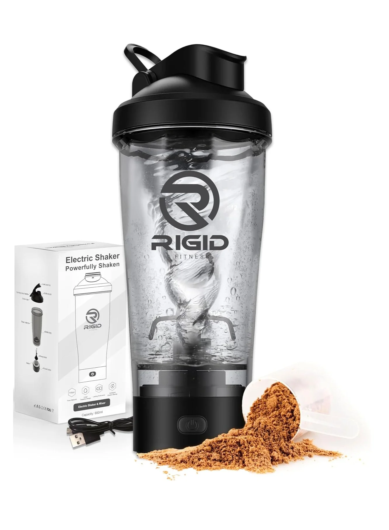 RIGID FITNESS Electric Protein Shaker Mixer Premium USB Rechargeable Fitness Cup (Black, 650 mL) 9rgug