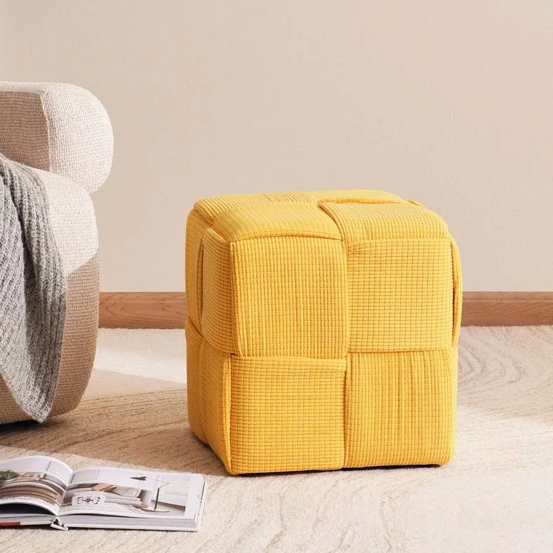 Pan Home Llyod Ribbed Velvet Pouf Premium Footstool Ottoman (Yellow, 38x38x38cm) j4r2l