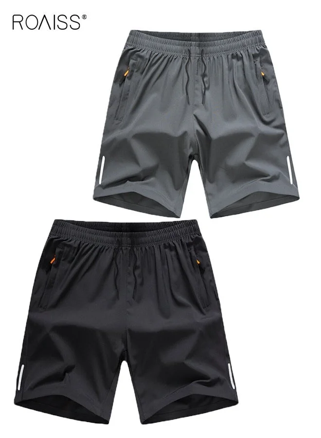 Roaiss Men's 2-Piece Athletic Shorts Set Quick-Drying Fitness Trunks with Zipper Pockets (Black, Large) cky0t
