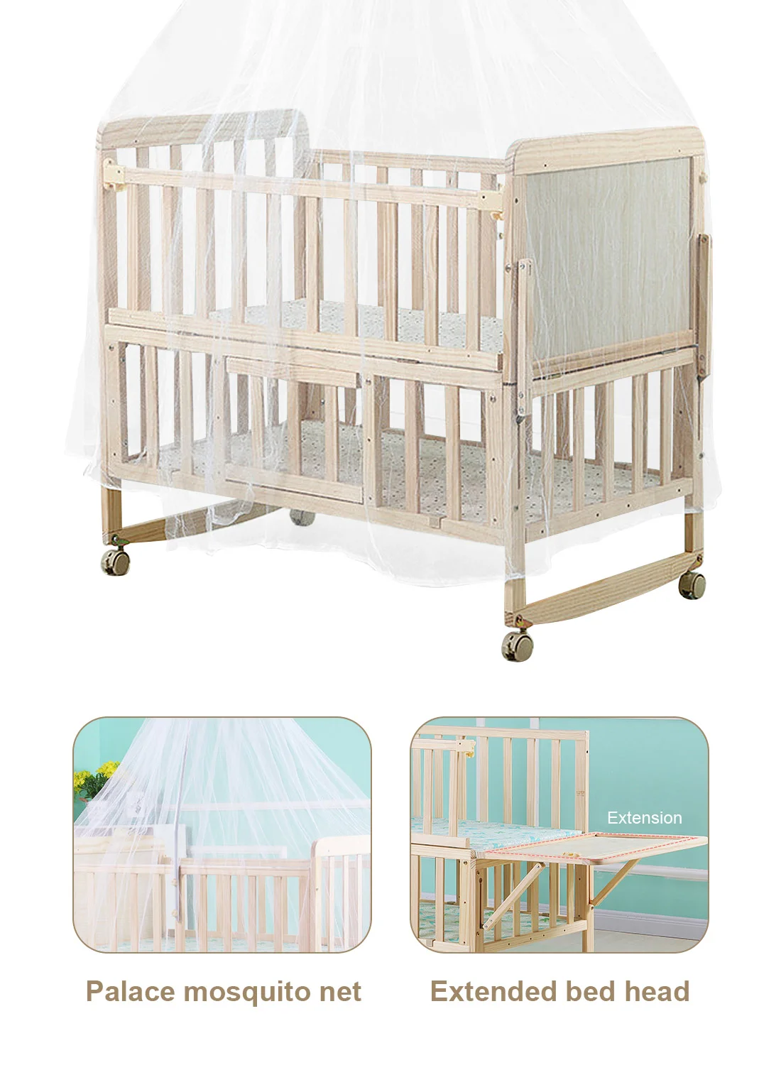 MaBaby Multifunctional Rocking Bed for Newborns (Solid Wood, Double Decker, Natural Finish) qf6e5