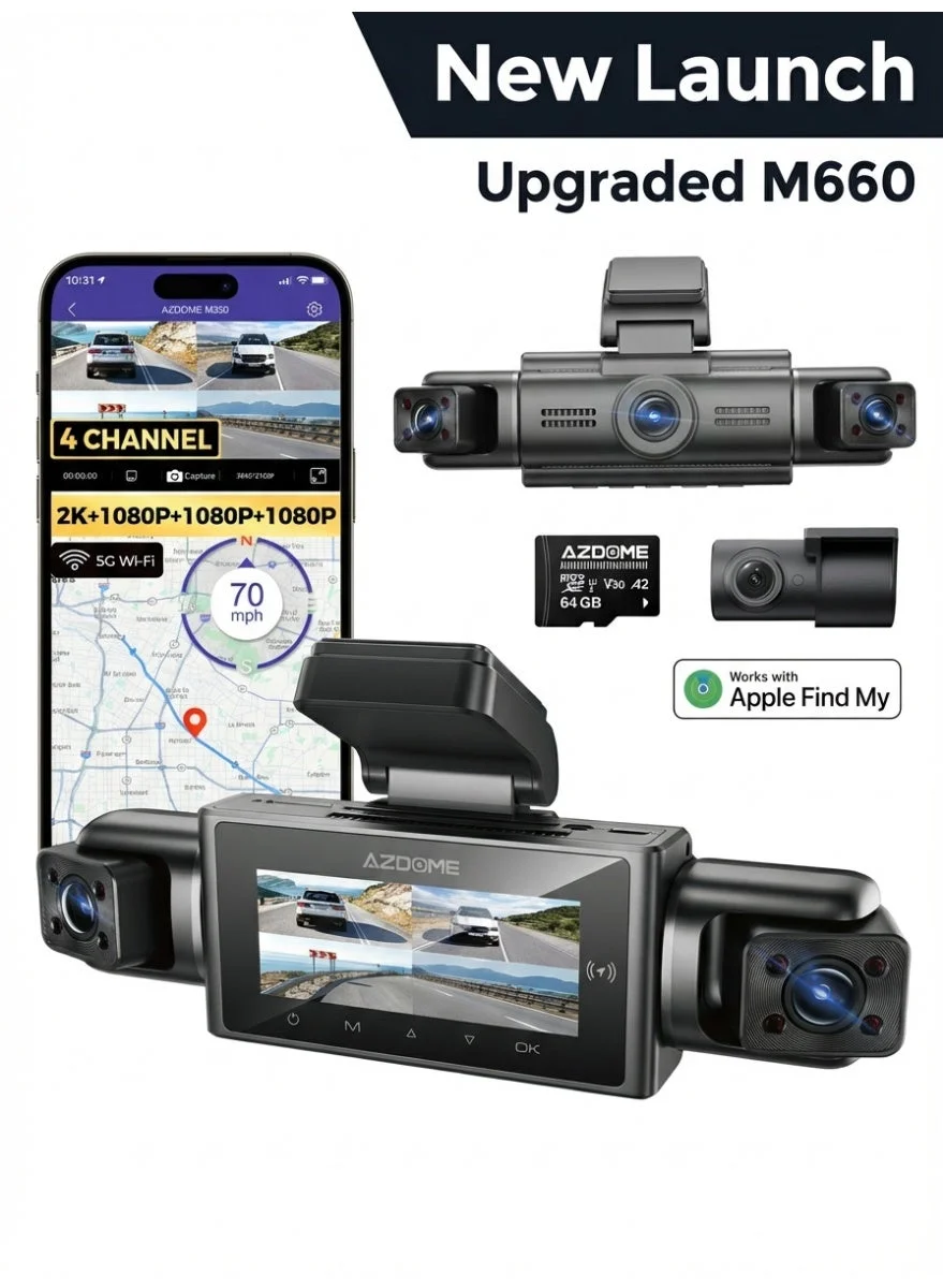 AZDOME M350 4-Channel Dash Cam 2K Front and 1K Rear Interior Recording System with GPS 5G Wi-Fi and Parking Monitor (Black) dvhua