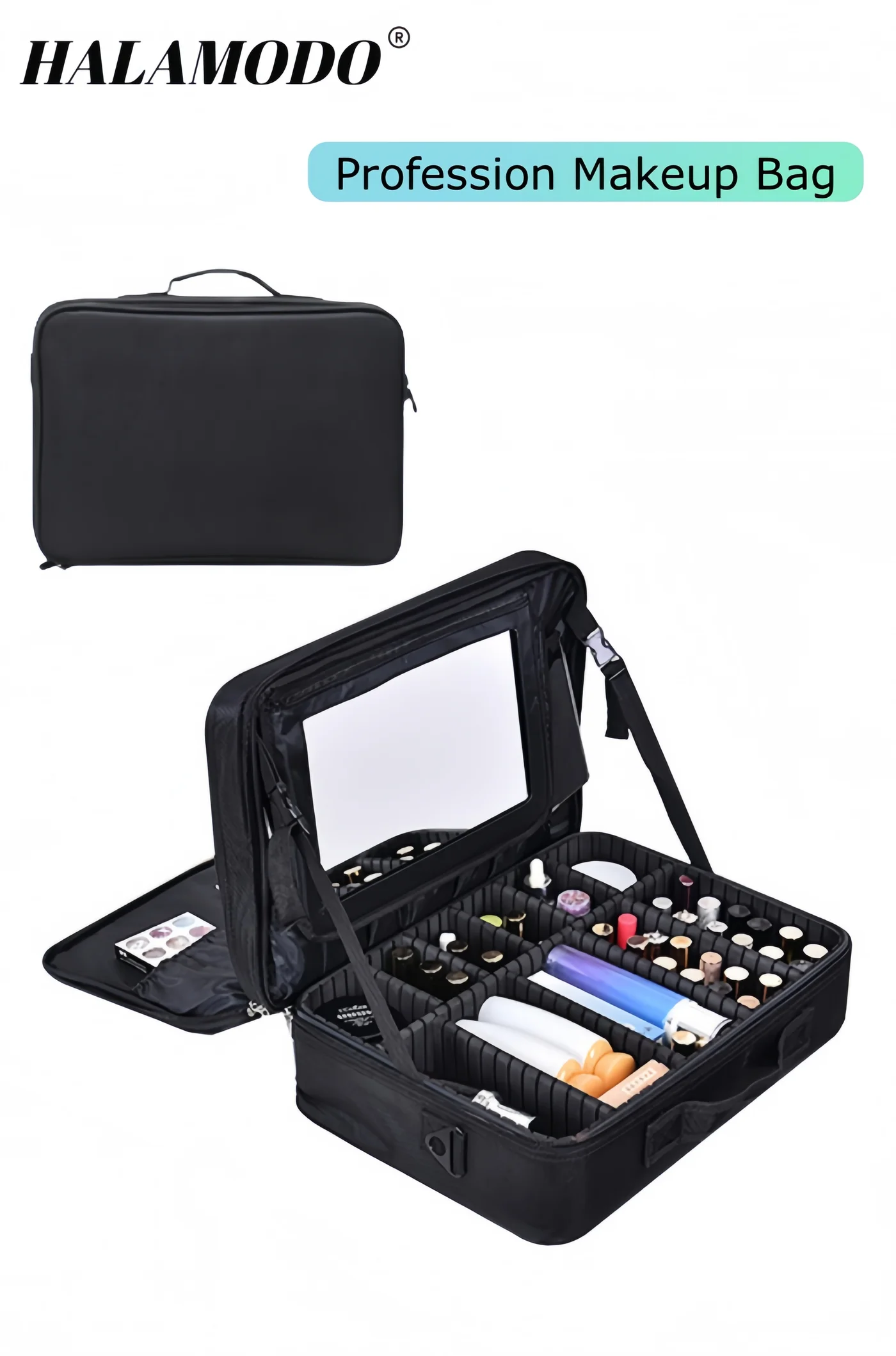 Halamodo Professional Makeup Case Large Capacity Cosmetic Organizer with Adjustable Dividers (Black, 40 cm x 28 cm x 12 cm) gbh81