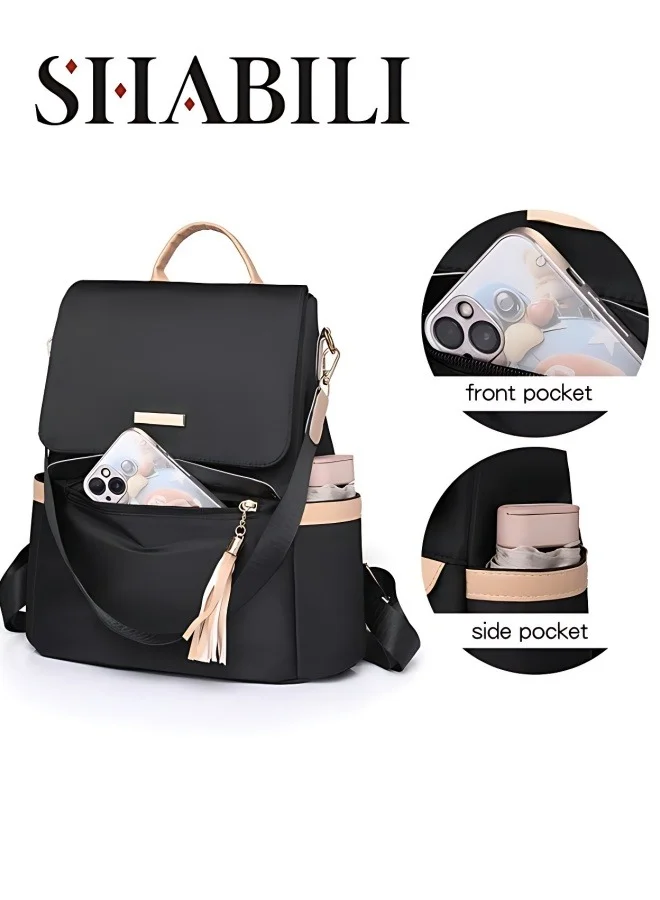SHABILI Nylon Backpack Large Capacity School Bag for Women and Teenagers (Black, 40cm) 2pne0