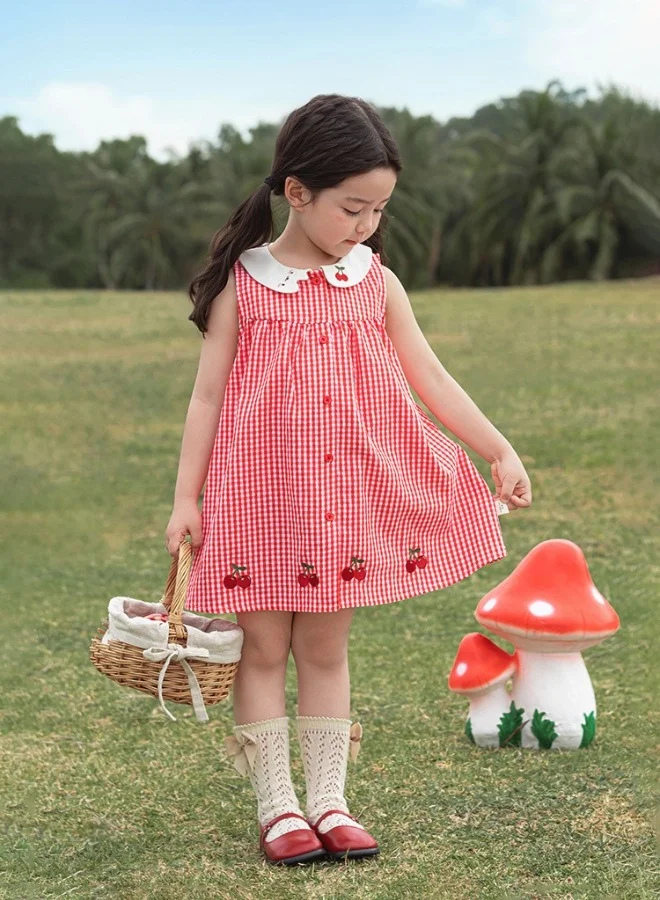 Yoehyaul Girls Gingham Cotton Dress with Cherry Embroidery and Peter Pan Collar (Pink, 120 cm) xy3ec
