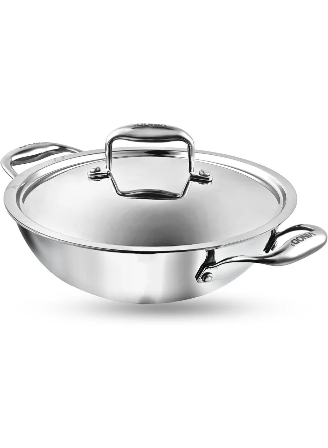 VINOD Platinum Triply Stainless Steel Kadai with Lid (30 cm, 4.5 L) Heavy-Duty Induction Compatible Cookware for Healthy Cooking zpfkb