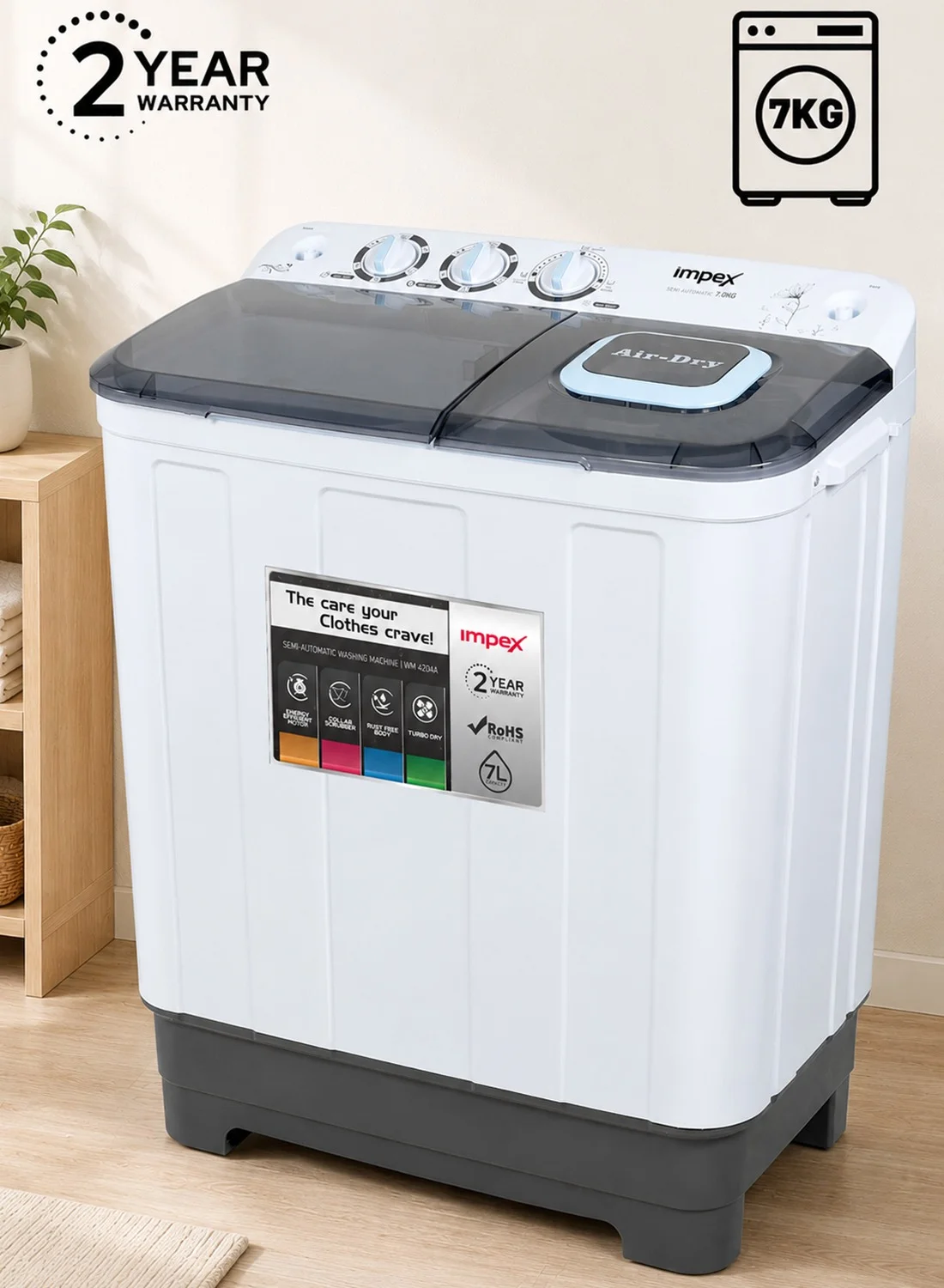 Impex Semi Automatic Washing Machine with Air Turbo Dry and Collar Scrubber (White/Grey, 7 kg) 6nppy