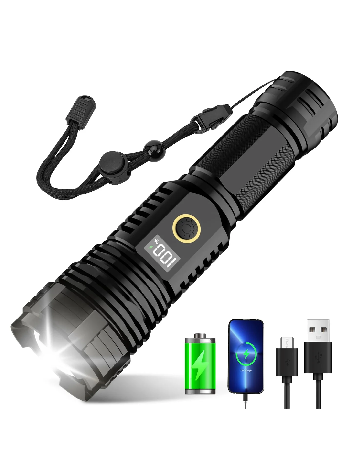 ZLH HITY LED Tactical Flashlight Rechargeable High-Lumen Handheld Torch with Zoom and 5 Lighting Modes (IPX7 Waterproof, Black) v7y65