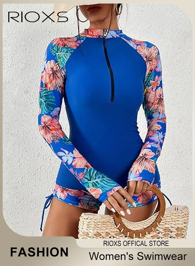 RIOXS Women Long Sleeve Swimsuit Set Floral Print Zip Up Rash Guard (2 Piece, Floral) s6zgx