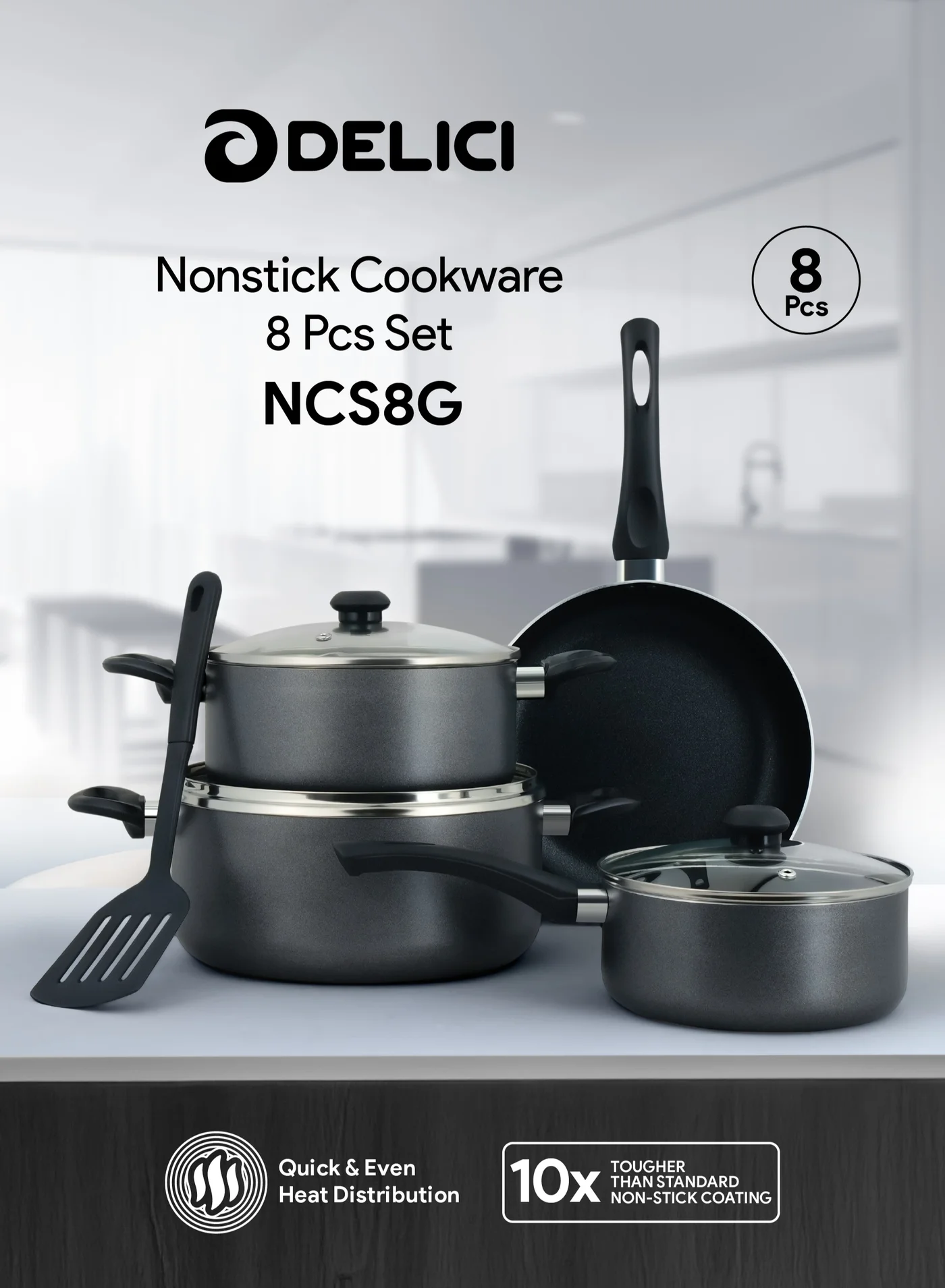 DELICI 8-Piece Nonstick Cookware Set Premium Aluminum Pots and Pans with Tempered Glass Lids (Induction Compatible, 8-Piece Set) btmn3