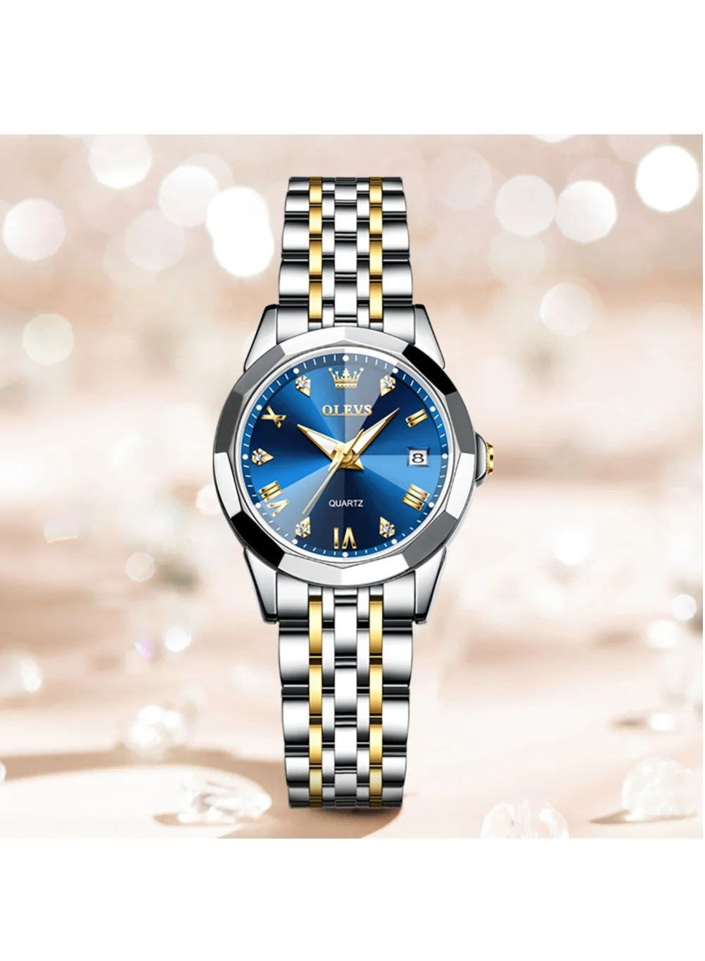 OLEVS Women's Quartz Wristwatch Elegant Rhombus Mirror Stainless Steel Waterproof Luminous Watch (Silver, 20 cm) 0y80j