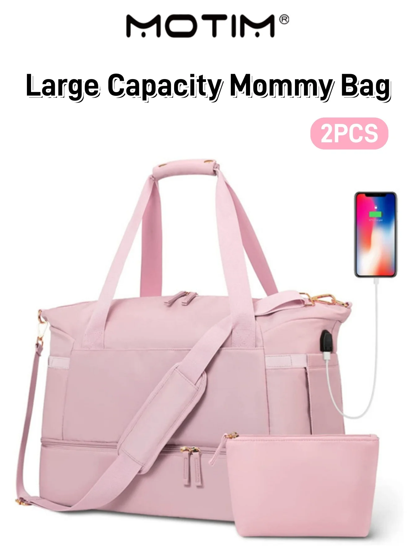 Motim Large Capacity Diaper Bag Tote Set (2-Piece, Waterproof Travel Organizer for Hospital and Weekender) 5tsh0