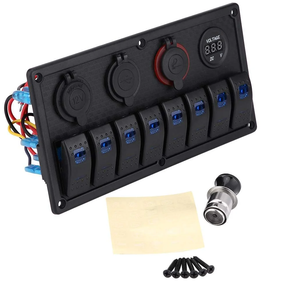 Premium 8 Gang Marine Rocker Switch Panel with Dual USB Voltmeter and Cigarette Lighter Socket (12V 24V Waterproof Control System for Boats and Vehicles) c9qtl