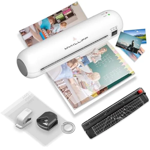 MYKLLIFF 9-Inch Thermal Laminator Machine with Hot and Cold Modes, ABS Jam Release, 3-Minute Warm-Up, Portable A4 Laminating Kit for Home and Office (White) 0ud39