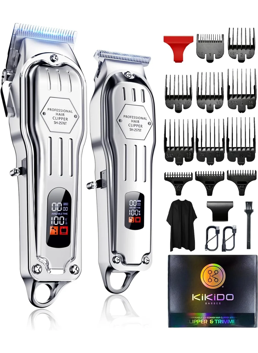 KIKIDO Professional Cordless Hair Clippers Set, Rechargeable Barber Trimmer with LCD Display for Men and Family (Silver) qlz6q