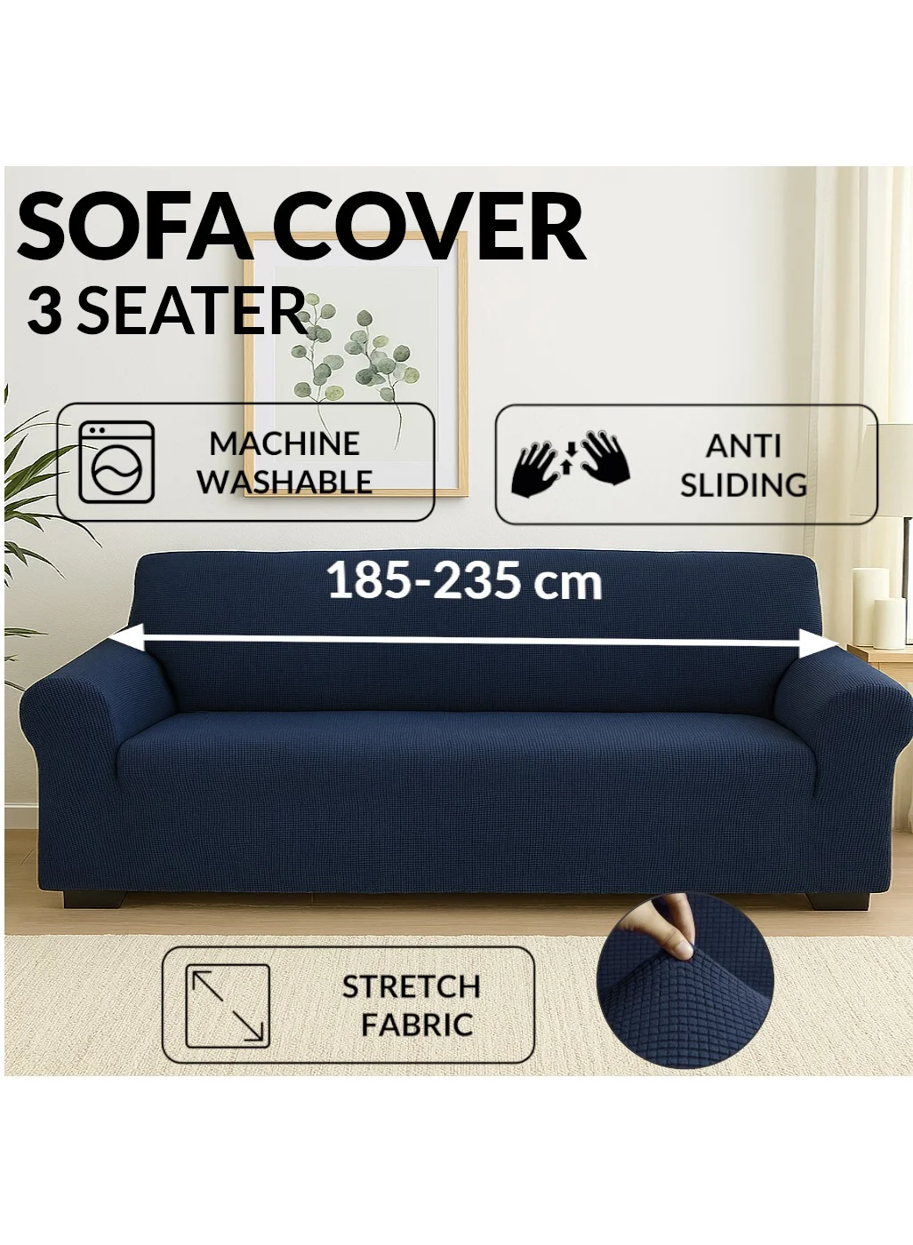 Fabienne 3-Seater Sofa Cover Stretch Fit Brushed Fabric Furniture Protector (Navy, 185-235cm) 5hesj
