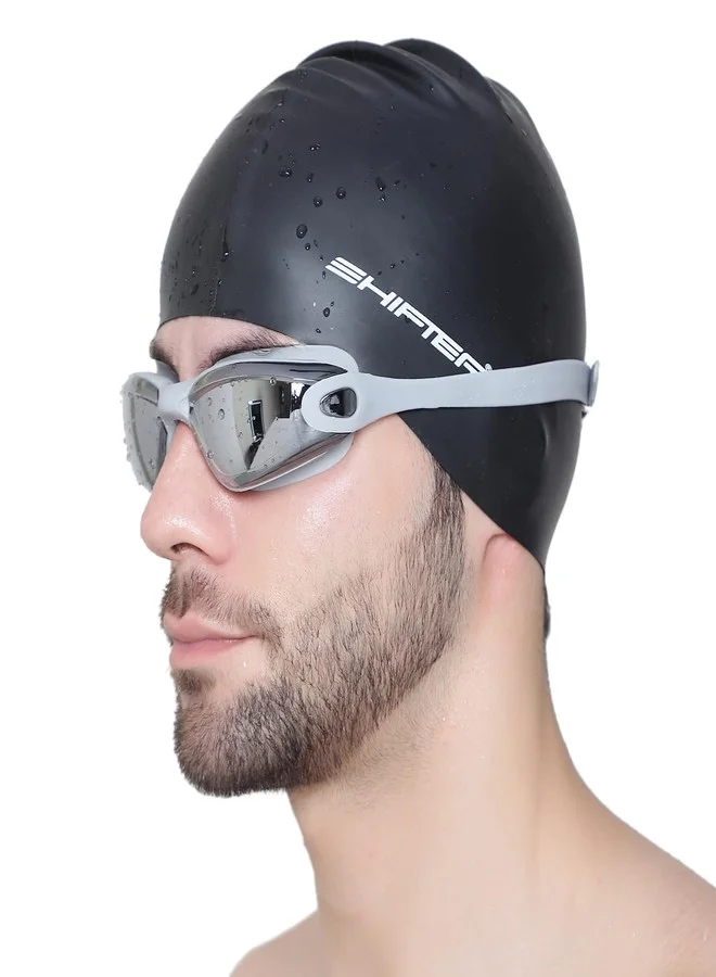 Shifter Premium Swimming Cap and Anti-Fog Mirrored Goggles Set, Waterproof Silicone Swim Gear for Men Women and Kids (Black-Silver, One Size) uuo8g