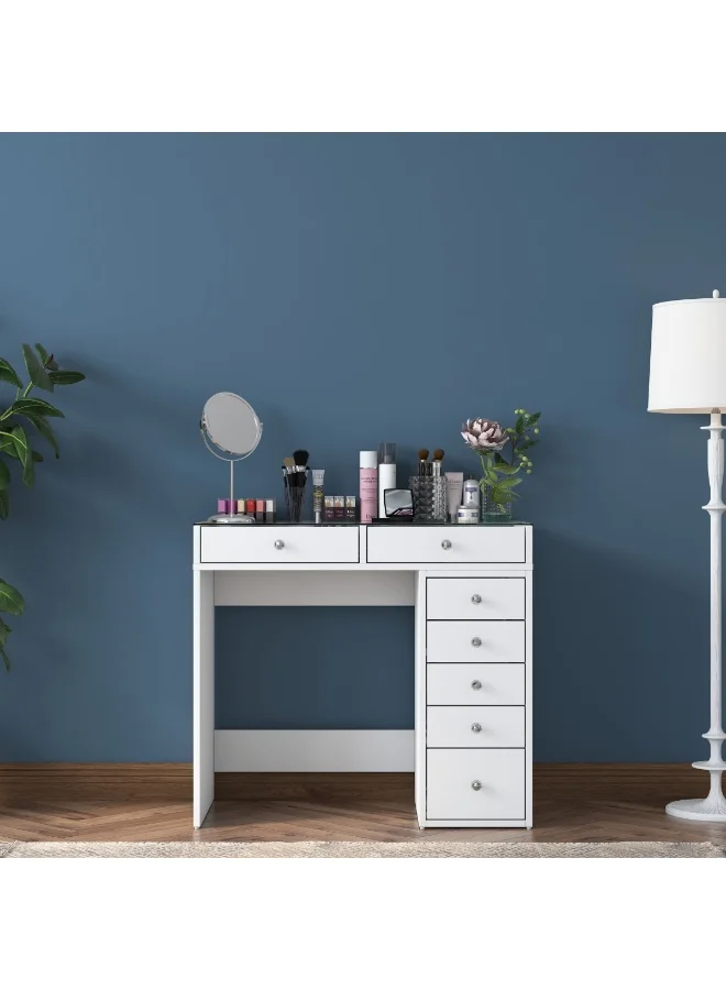 Home Canvas Minimalist Vanity Table with Glass Top and 7 Drawers (Premium Engineered Wood, White) u2fup
