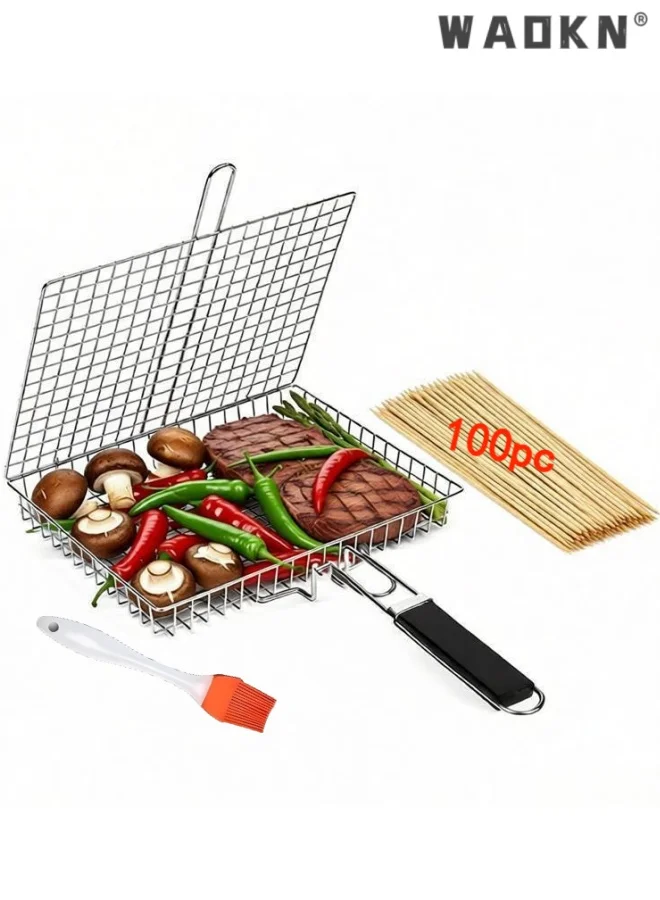 WAOKN Stainless Steel Grill Basket with Removable Handle (Large, 40cm x 25cm) - Premium Portable Grilling Rack for Meat, Fish, and Vegetables mskzq