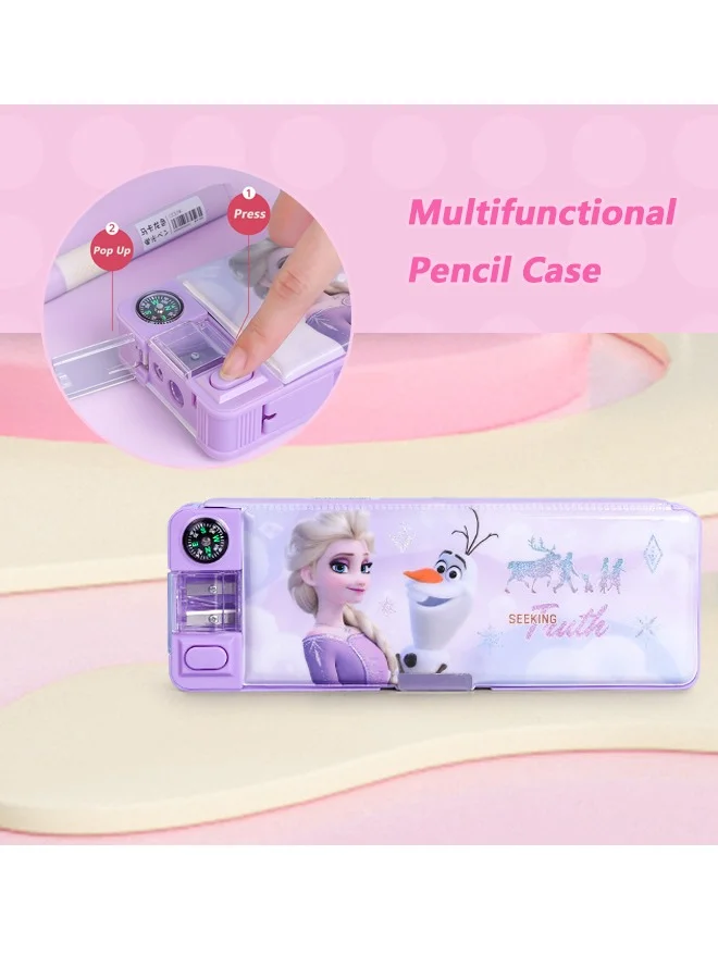 Cartoon Multifunctional Pencil Case with Integrated Sharpener for Kids (Purple, 22.8x8x3cm) aixn0
