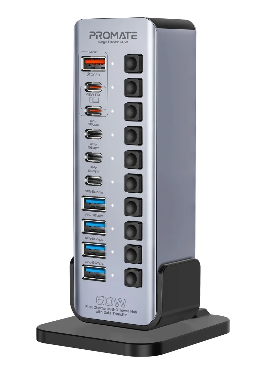 Promate 14-in-1 Multiport USB-C Tower Hub 60W Fast Charging Station with Individual Switches (Grey, 1 Unit) qyhvw