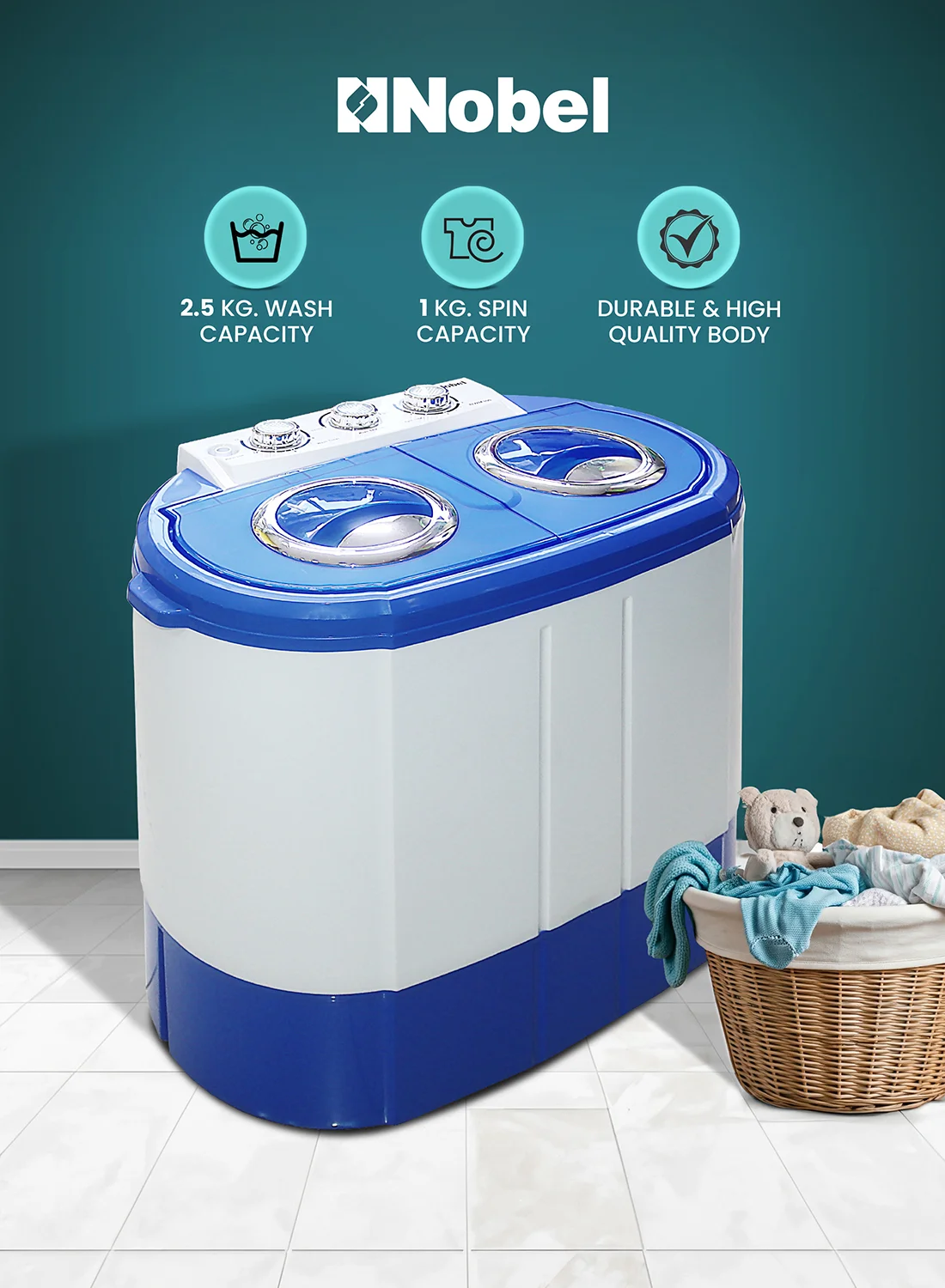 Nobel Compact Washing Machine with 3kg Wash and 1kg Spin Capacity, Durable Plastic Body, Energy Efficient (White, 3kg) pcdau