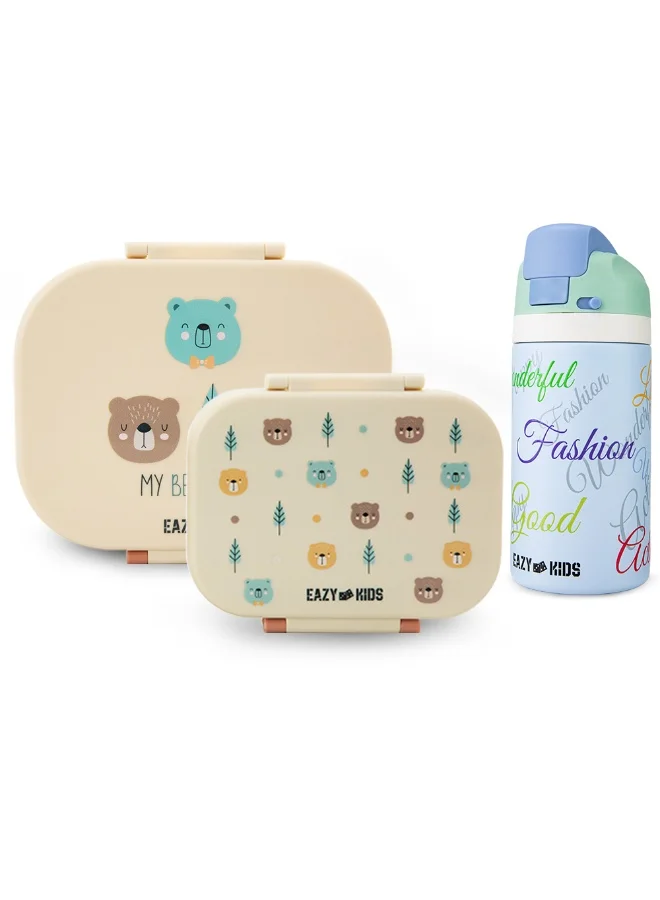 Eazy Kids Bento Lunch Box Set (2-Piece) with Premium Stainless Steel Water Bottle (445 mL) - Ivory 2tfsy