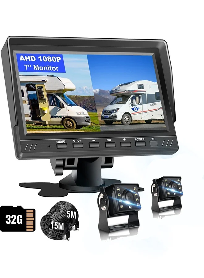 XiuWoo Dual Backup Camera System with 17.8cm Split Screen Monitor and 32GB SD Card Recording Kit for Trucks and Trailers uxfky