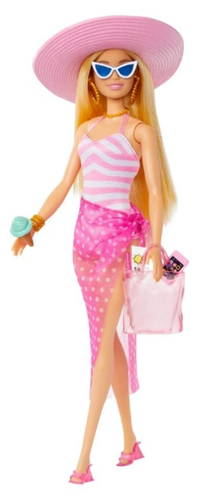 Fashion Doll Beach Vacation Set with Swimsuit Sun Hat and Tote Bag (Pink and White) xcy62