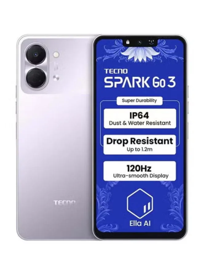 TECNO Spark Go 3 Dual SIM Smartphone (Aurora Purple, 128GB, 4GB RAM) 6.75-inch Display 4G LTE mybbk