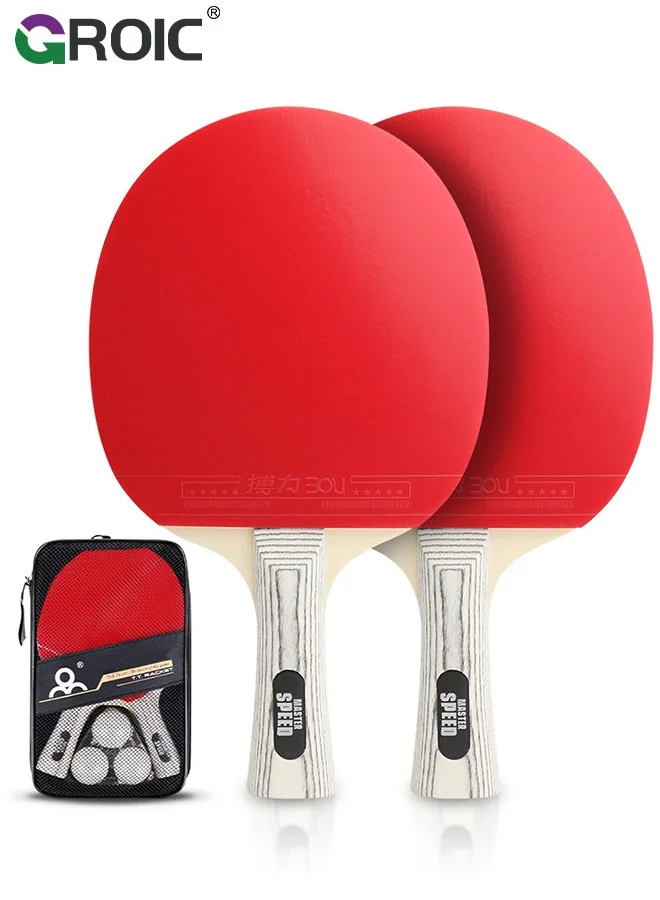 GROIC Table Tennis Racket Set Professional Ping Pong Paddles with 3 Balls and Storage Case (2 Rackets, 3 Balls) eutl4