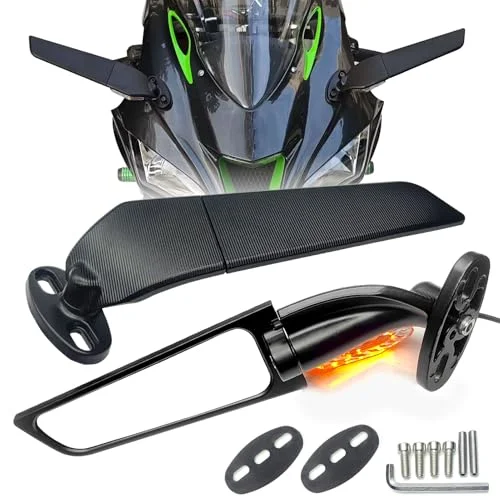 ZTYIOHG Motorcycle Stealth Wind Wing Side Rearview Mirrors with LED Turn Signals (Black, Large) 9490h