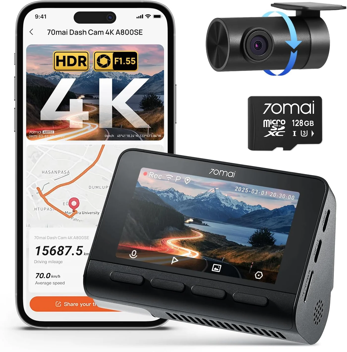 Premium 4K Dual Lens Dash Cam System with 1080P Rear Camera and 128GB Storage (Black, 1 Set) j5yzl