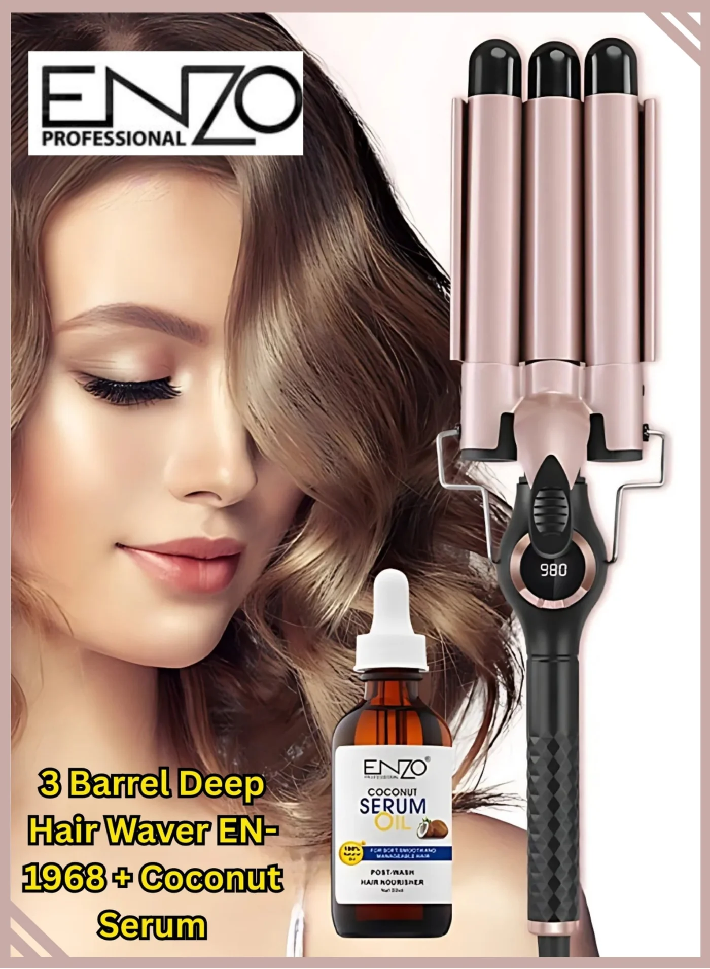 ENZO 3 Barrel Hair Waver Ceramic Curling Iron Professional Styling Tool for Beach Waves (25 mm) 0izh1