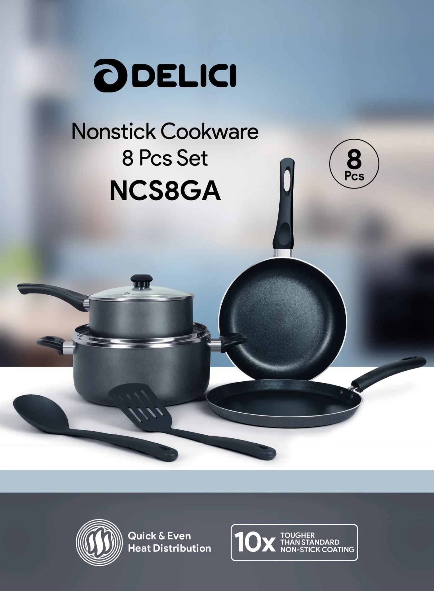 DELICI 8-Piece Nonstick Cookware Set Premium Durable Kitchen Pots and Pans with Glass Lids and Nylon Turners (8-Piece) xb8fq
