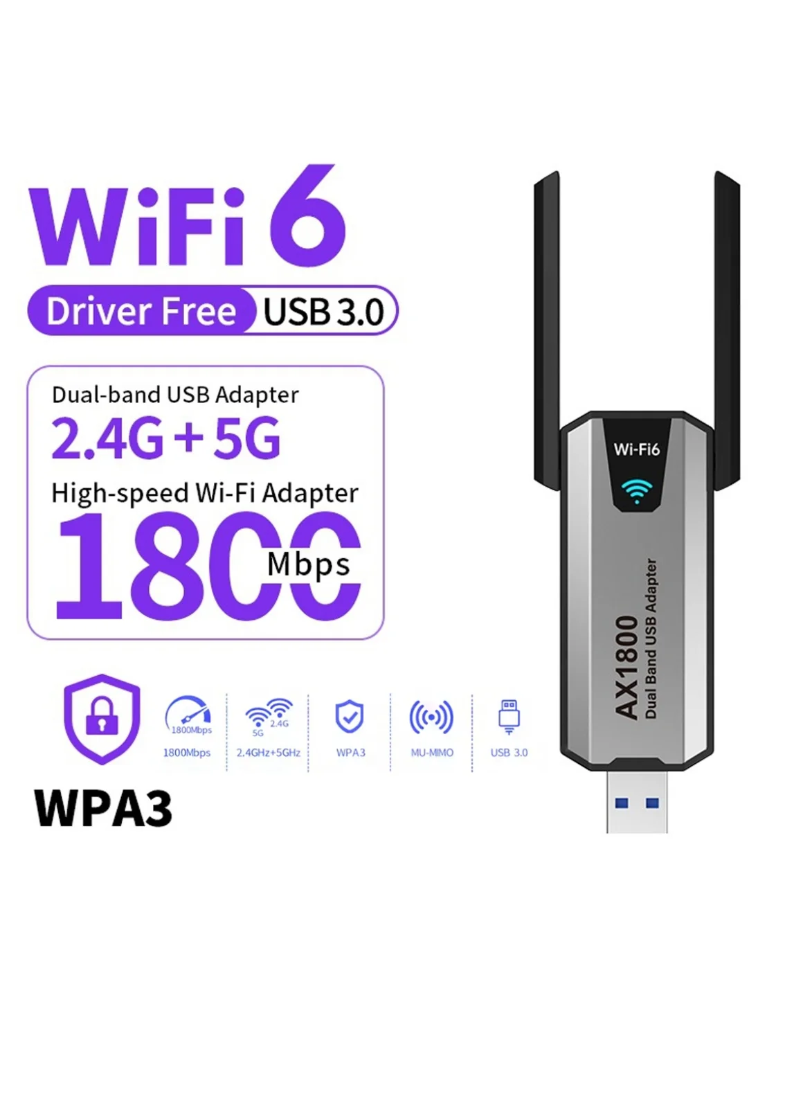 X-level 1800Mbps Dual Band USB WiFi Adapter with Bluetooth 5.0 High-Speed Wireless Network Card for PC and Laptop (5dBi, USB 3.0) azy84