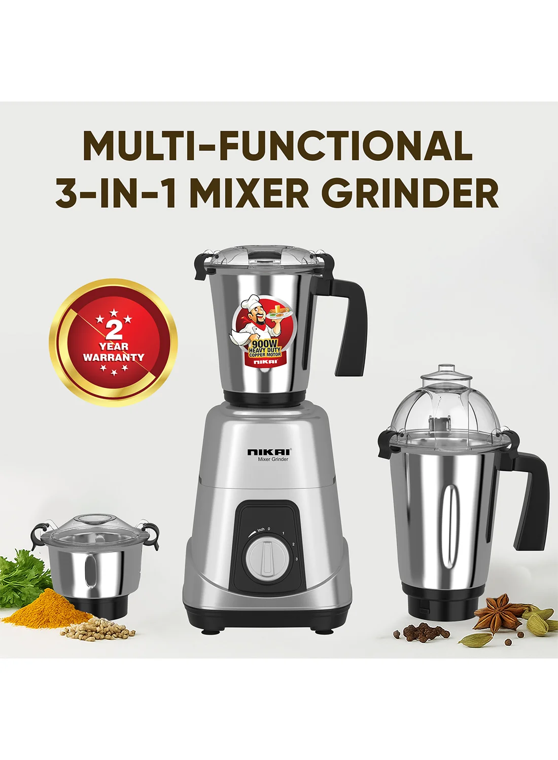 Premium 3-in-1 Kitchen Blender Set with Stainless Steel Jars, 900W Heavy-Duty Motor, 3-Speed Control (Silver, 1.5L) s1zo2