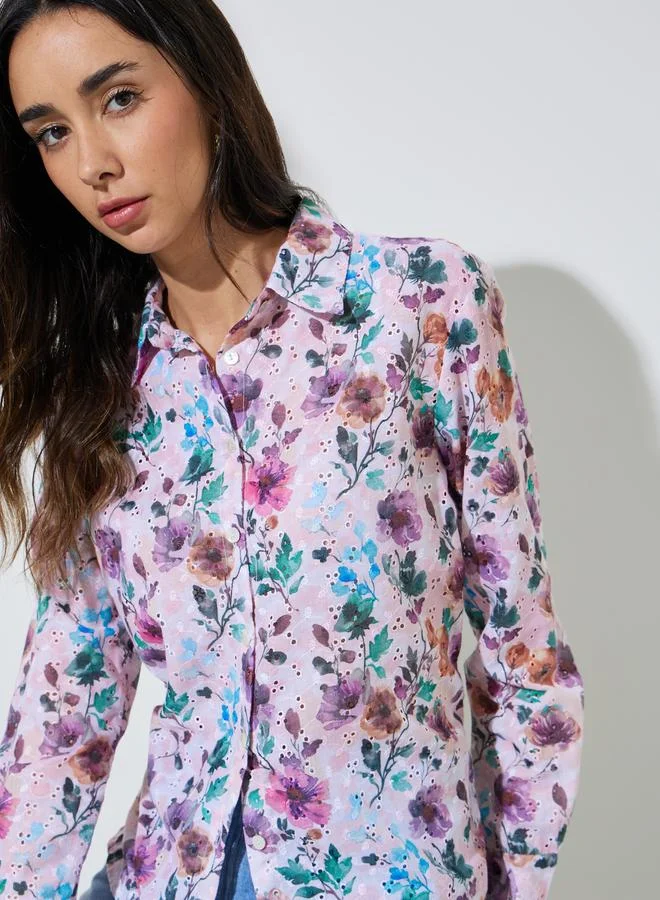 Styli Floral Print Cotton Schiffli Shirt Premium Breathable Fabric For Women (Small) e2417