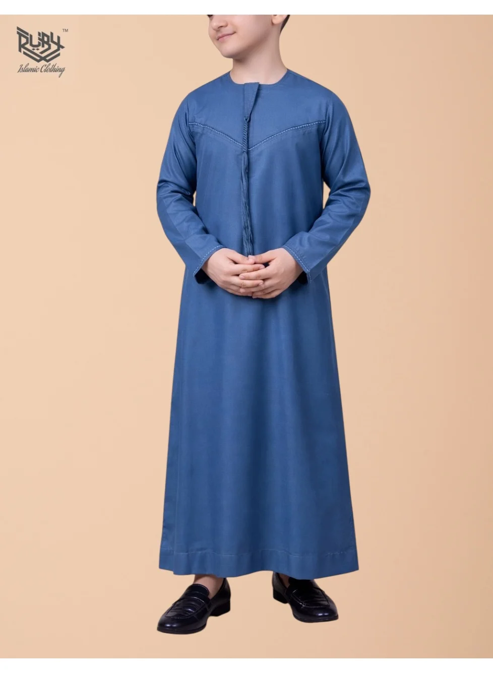 RUBY ISLAMIC CLOTHING Traditional Emirati Thobe for Kids Premium Embroidered Cotton Kandura (Blue, 120 cm) udrj9