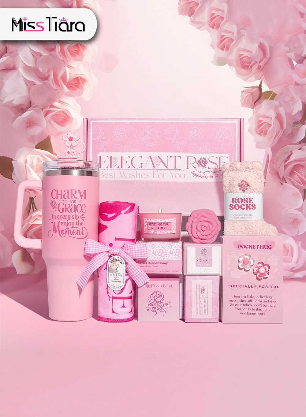 MissTiara Premium Spa Gift Set for Women - Self Care Relaxation Basket with Dry Hair Towel and Insulated Mug (1 Set) mxkpj