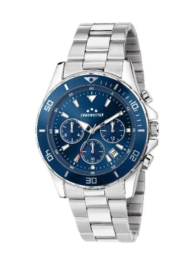 Chronostar Men's Chronograph Watch with Grey Stainless Steel Band (Blue Dial, 43mm) v46j2