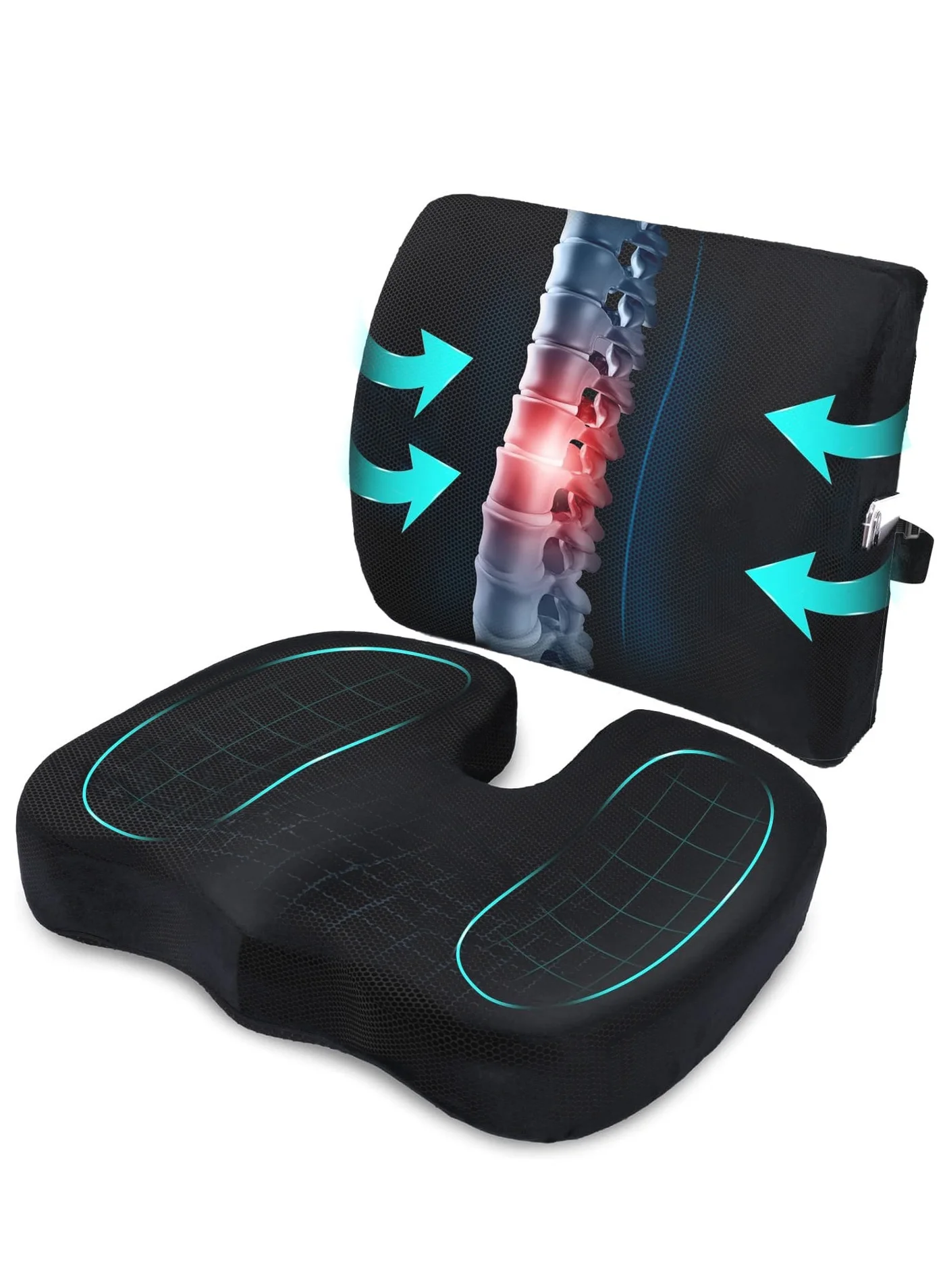 XiuWoo Ergonomic Seat Cushion and Lumbar Support Pillow Set (Premium Cotton, For Car Office Chair and Wheelchair) c2iew