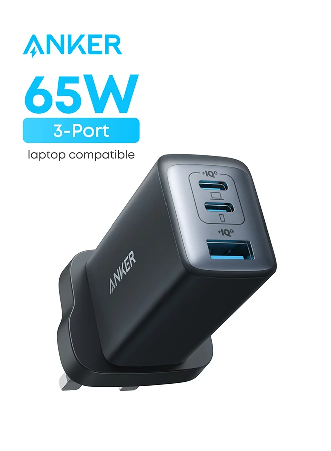 Premium 65W GaN Fast Charger 3-Port USB-C Power Adapter Compact Wall Plug for Laptops Tablets and Smartphones (Black) mwutr