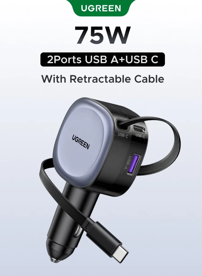 Premium 75W Car Charger Adapter with Retractable Cable 2C1A Ports Fast Charging (Black, 0.75m) 4dswy