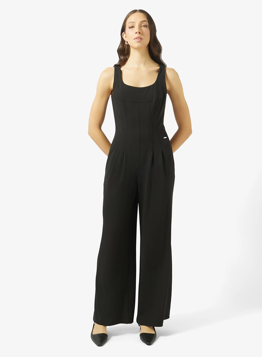 Premium Scuba Crepe Sleeveless Jumpsuit Elegant Tailored Fit for Women (Black, Medium) pxyfw