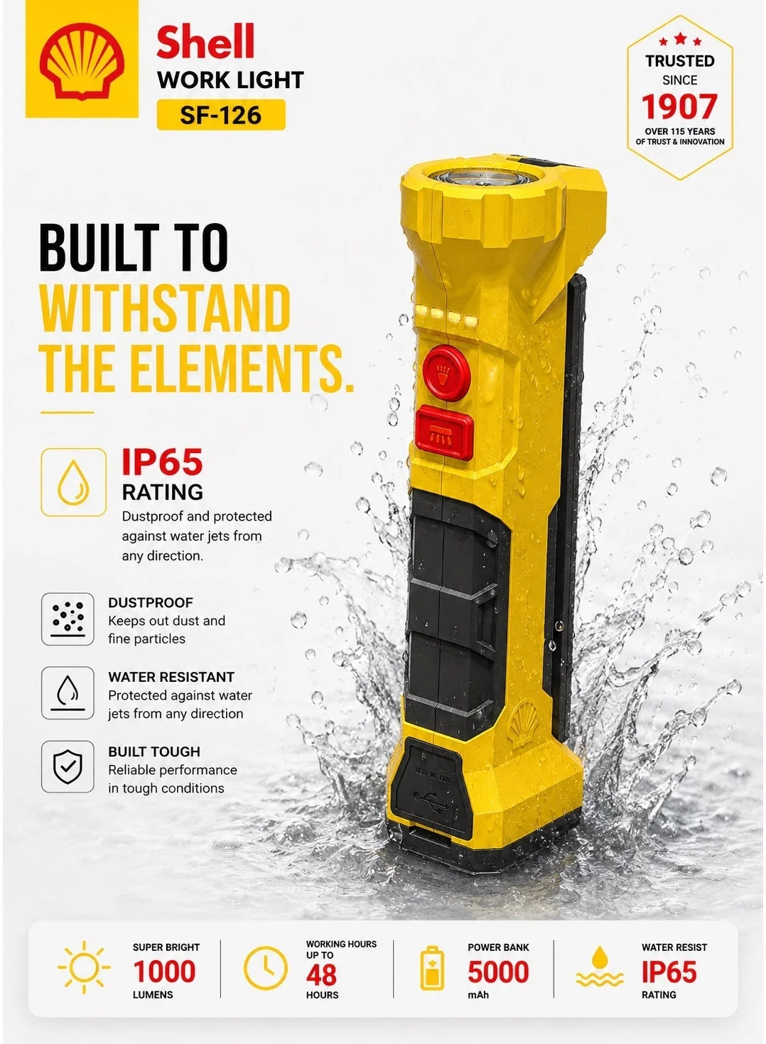 Premium Rechargeable LED Work Light and Flashlight with 5000mAh Power Bank (Magnetic Base, Foldable, IP65 Waterproof) 1phbw