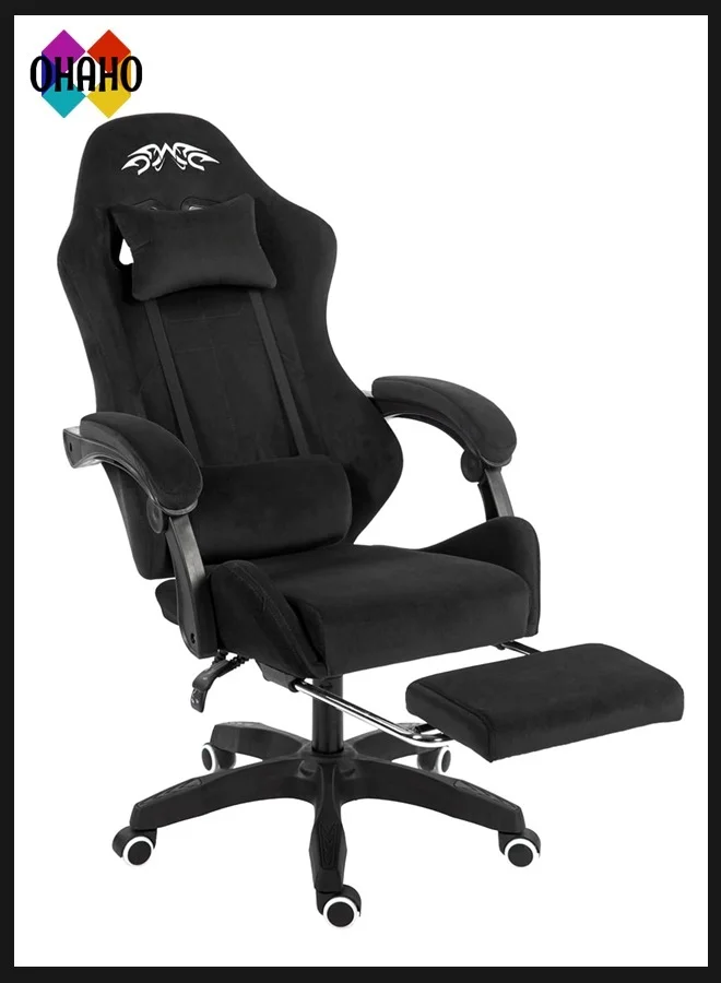OHAHO Ergonomic Gaming Chair with Footrest and Lumbar Support (Black, Premium Flannelette Fabric) 3c8f4